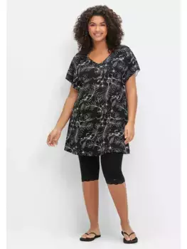 Длинная рубашка Sheego "больших размеров" с леггинсами 3/4, черно-белый