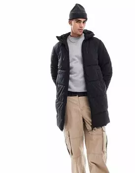Длинная стеганая куртка Jack & Jones Originals с капюшоном и логотипом черного цвета