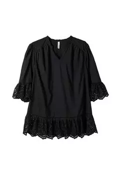 Длинная туника с узором из дырочек и кружевом с воланами sheego, черный