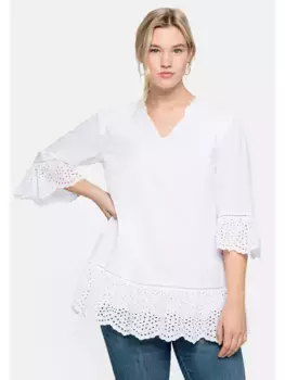 Длинная туника Sheego "Большие размеры" с узором из отверстий и кружевом с воланами, белый