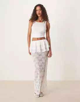 Длинная юбка ASOS DESIGN из прозрачного кружева с оборкой на талии цвета слоновой кости