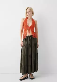 Длинная юбка ELASTICATED Bershka, темно-коричневый