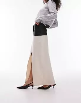 Длинная юбка из кремового твила Topshop с черной отделкой из искусственной кожи