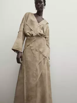 Длинная юбка из шелка с принтом со швами Massimo Dutti, бежевый