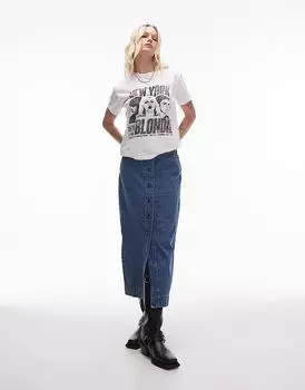 Длинная юбка на пуговицах в средне-синем цвете Topshop