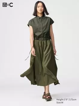 Длинная юбка с разрезом и сборками Uniqlo, зеленый