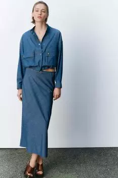 Длинная юбка с тонким поясом ZARA, синий