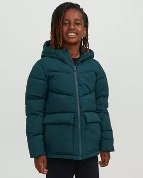 Длинная утепленная куртка с капюшоном для мальчика Jack & Jones, темно-зеленый