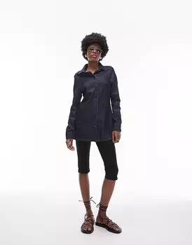 Длинная узкая джинсовая рубашка цвета индиго Topshop