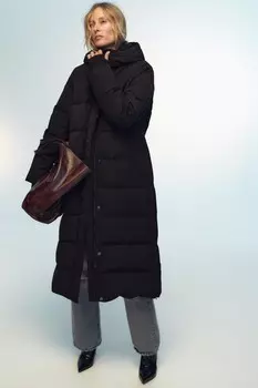 Длинная водо- и ветрозащитная куртка-пуховик с капюшоном ZARA, черный