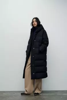 Длинная водо- и ветрозащитная куртка-пуховик с капюшоном ZARA, черный