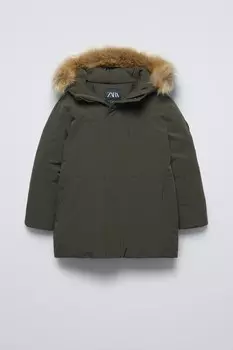 Длинная водоотталкивающая парка из перьев и пуха ZARA, темный хаки