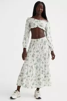 Длинная жатая юбка H&amp;M, белый/маленькие цветы