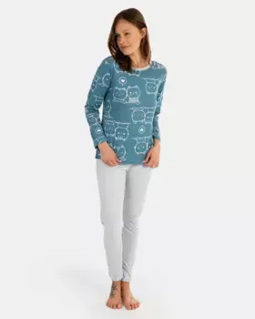 Длинная женская пижама из однотонного хлопкового трикотажа Massana, синий