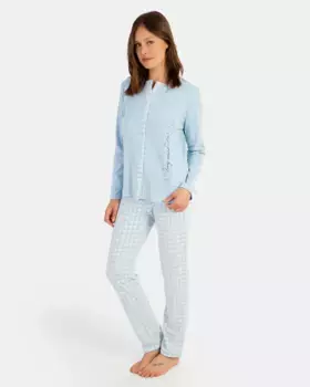 Длинная женская пижама из жаккардовой ткани виши и интерлока Massana, синий