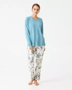 Длинная женская пижама в сочетании с однотонной футболкой и брюками с принтом J&J Brothers, мультиколор