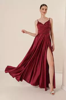 Длинное атласное платье из гипюра с веревочным ремнем и драпировкой на подкладке из бисера By Sayg, бордовый