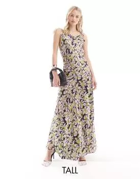 Длинное атласное платье-комбинация Vero Moda Tall фиолетового цвета с завязками на плечах и открытой строчкой