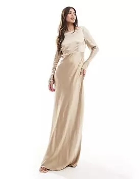 Длинное атласное платье-макси с длинными рукавами и воротником-хомутиком для подружек невесты в золотом цвете Six Stories