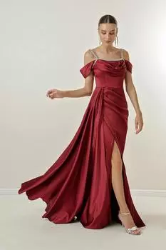 Длинное атласное платье на тонких бретелях с каменными деталями и низкими рукавами на подкладке By Sayg, бордовый