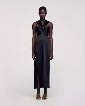 Длинное атласное платье с разрезом Sandro, черный