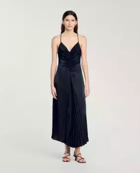 Длинное атласное платье Sandro, темно-синий