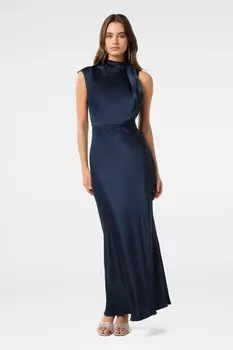 Длинное атласное платье Sienna с высоким воротом Forever New, синий