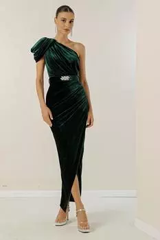 Длинное бархатное платье с драпировкой на одно плечо и поясом на талии By Sayg, зеленый