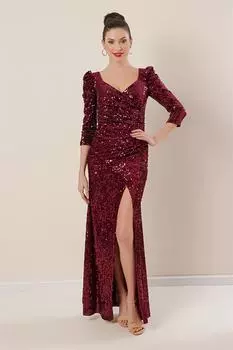 Длинное бархатное платье с пайетками и плиссировкой на плечах и талии, бордово-красное By Sayg, бордовый