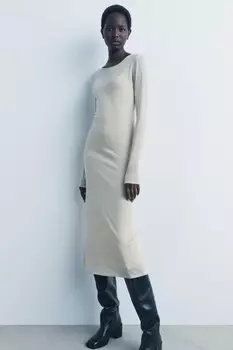 Длинное блестящее трикотажное платье ZARA, цвет stone