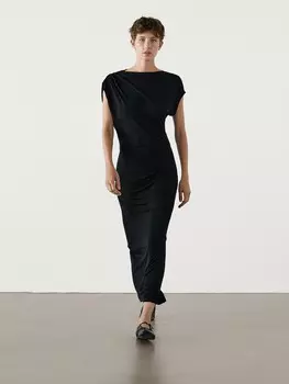 Длинное драпированное платье с отделкой на плечах Massimo Dutti, черный