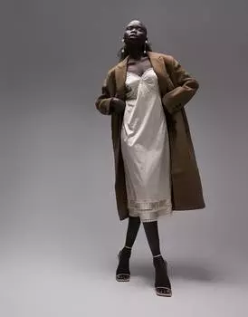 Длинное двубортное пальто Topshop Petite шоколадно-коричневого цвета