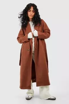 Длинное двубортное шерстяное пальто с поясом boohoo, коричневый