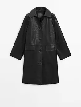 Длинное фактурное пальто из кожи наппа с карманами Massimo Dutti, черный