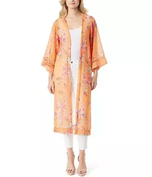 Длинное кимоно Джессики Симпсон Caelan с цветочным принтом и рукавами 3/4 с разрезом по краю и подолом Jessica Simpson, оранжевый