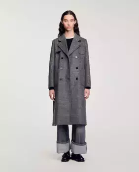 Длинное клетчатое женское тканевое пальто Sandro, серый