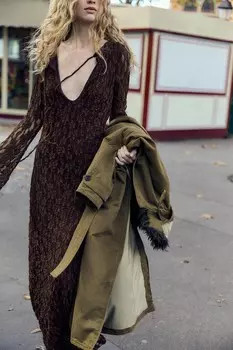 Длинное кружевное платье ZARA, коричневый