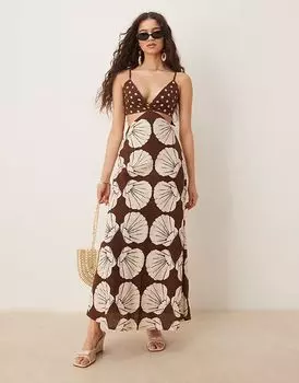 Длинное льняное платье-комбинация с вырезами и тонкими бретельками от Abercrombie & Fitch в коричневом принте