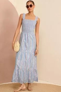 Длинное летнее платье с ремешками и сборками Love & Roses, синий