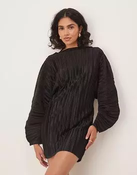 Длинное мини-платье ASOS DESIGN с плиссировкой, рукавами-коконами и швом по талии черного цвета