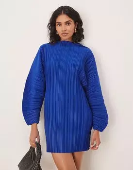 Длинное мини-платье с плиссировкой и рукавами-коконами от ASOS DESIGN, с отрезной линией талии, кобальтово-синего цвета