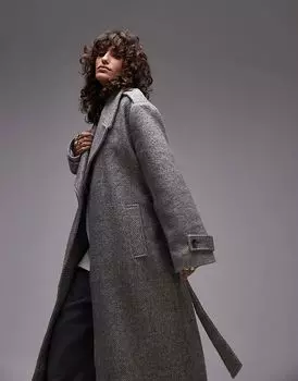 Длинное пальто большого размера с узором «в ёлочку» серого цвета Topshop