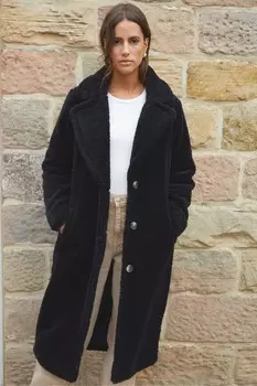 Длинное пальто из борга Threadbare, черный