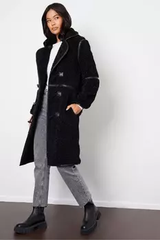 Длинное пальто из искусственной шерсти с отделкой из искусственной кожи Threadbare, черный