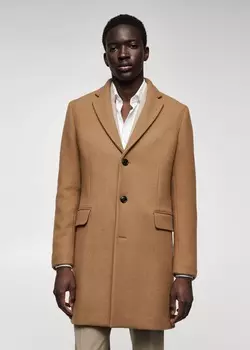 Длинное пальто из переработанной шерсти MANGO, коричневый