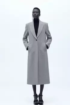 Длинное пальто из шерсти ZARA, серый