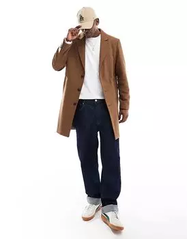 Длинное пальто из смеси шерсти верблюжьего цвета Jack & Jones