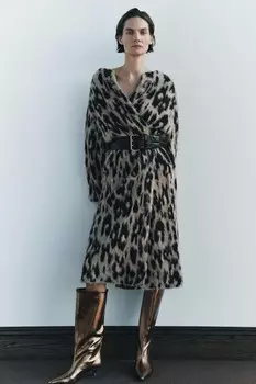 Длинное пальто из жаккардового узора с животным рисунком ZARA, цвет leopard