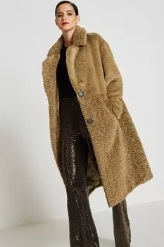 Длинное пальто с искусственным мехом Next, зеленый