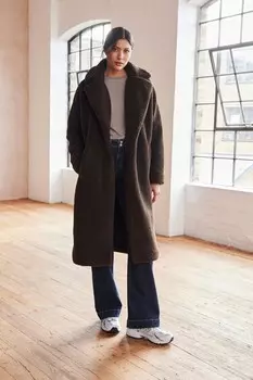 Длинное пальто с плюшевой дубленкой Next, коричневый